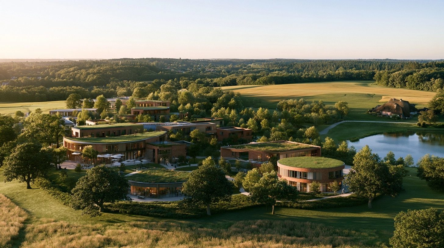 Visualisierung: Campus mit Klinkerbauten, Gründächern und Teich in der Landschaft Stormarns